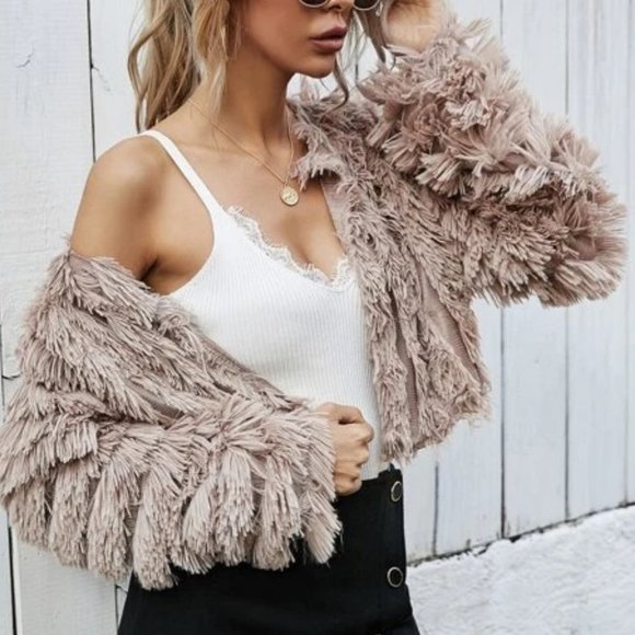 Open Front Fuzzy Faux fur Crop Coat Tan - Picture 4 of 8